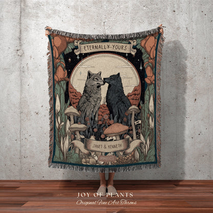 Wolf Couple Anniversary Blanket | Personalized Anniversary Gift Custom Tapestry Wolf Blanket Woodland Wedding Cottagecore Unique Couple Gift