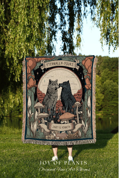 Wolf Couple Anniversary Blanket | Personalized Anniversary Gift Custom Tapestry Wolf Blanket Woodland Wedding Cottagecore Unique Couple Gift