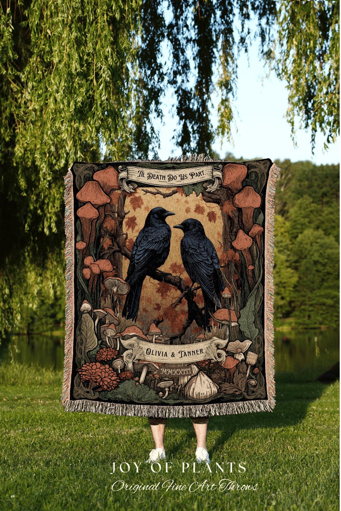 Til Death do us Part Crowcore Blanket | Goth Wedding Gift Custom Tapestry Crow Core Blanket Woodland Wedding Cottagecore Unique Couple Gifts