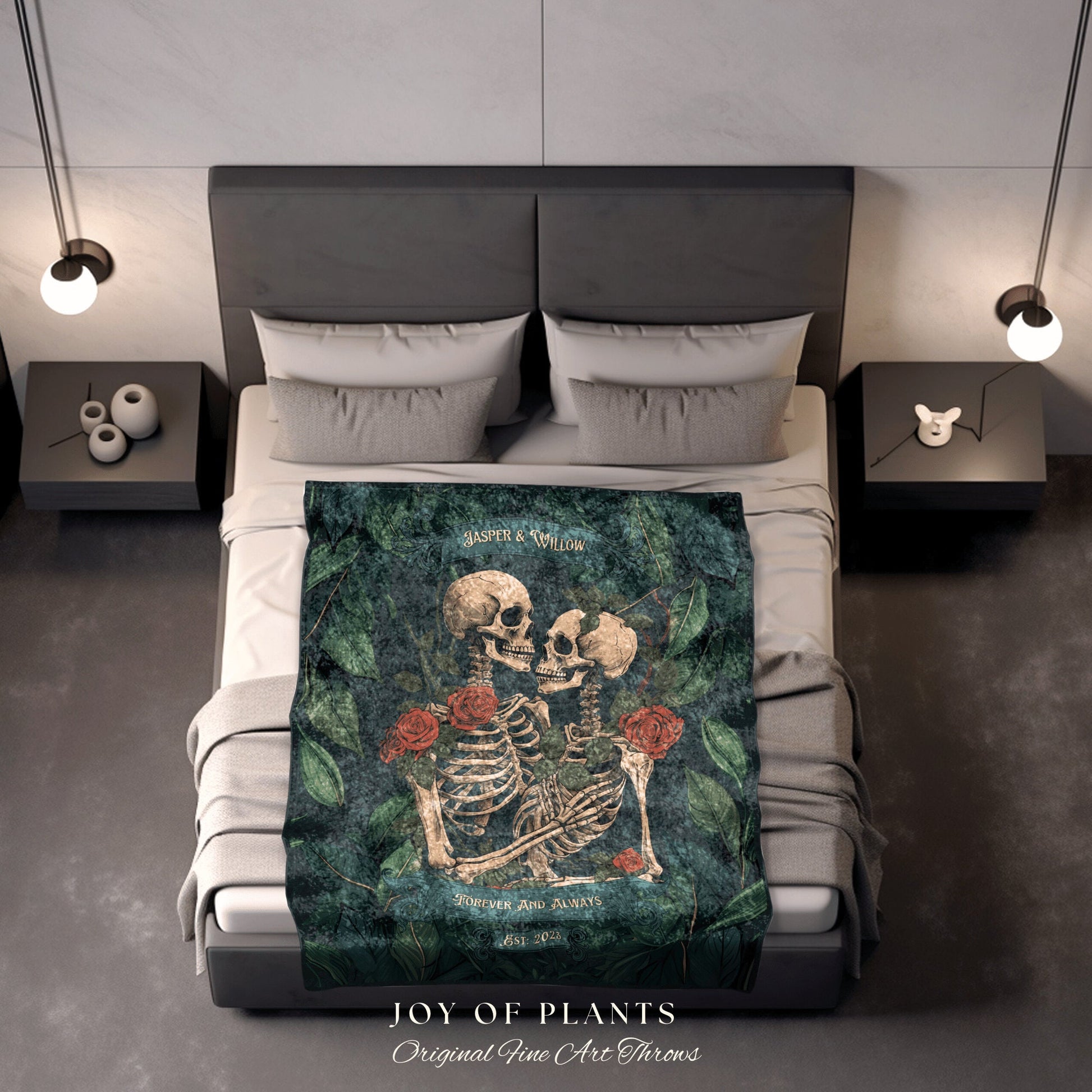 Botanical Skeleton Couple Blanket | Gothic Wedding Custom Blanket Woven Tapestry Spooky Wedding Gift Personalized Anniversary Gift for Goths