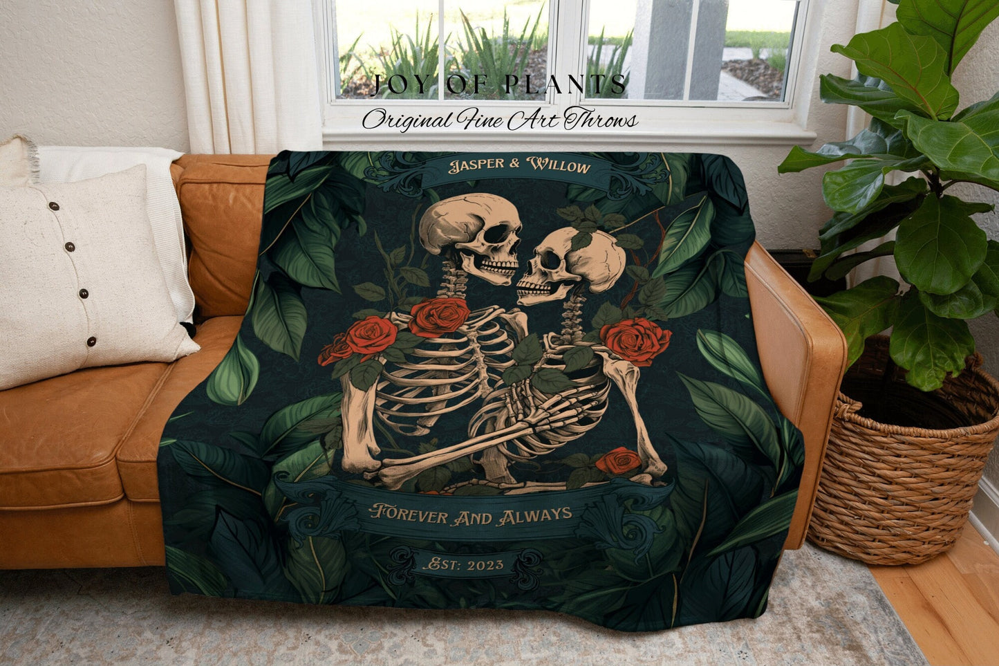 Botanical Skeleton Couple Blanket | Gothic Wedding Custom Blanket Woven Tapestry Spooky Wedding Gift Personalized Anniversary Gift for Goths