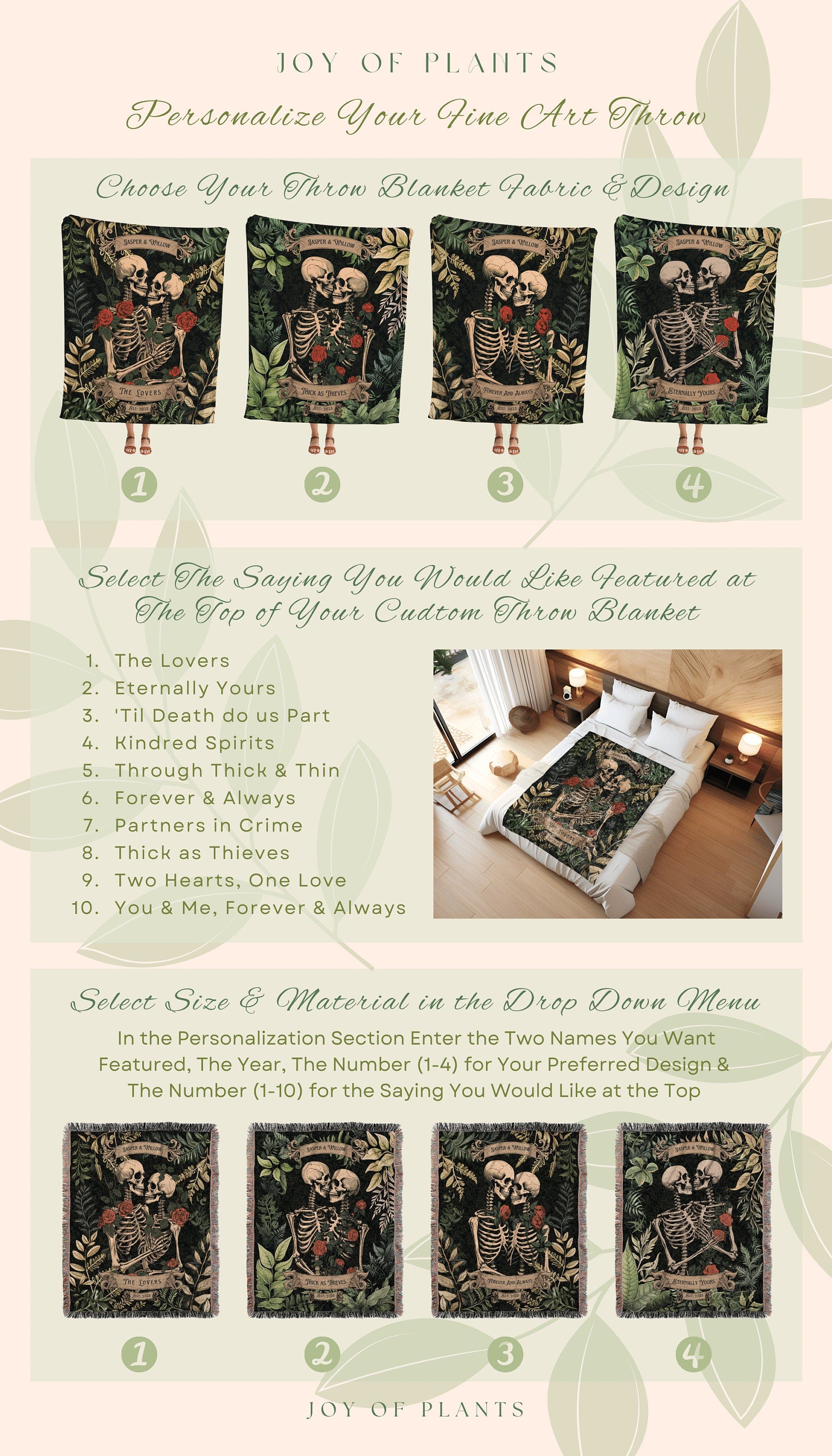 Vintage Botanical Skeleton Blanket | Wedding Anniversary Blanket Woven Tapestry Skeleton Couple Gift Personalized Anniversary Gift for Goths