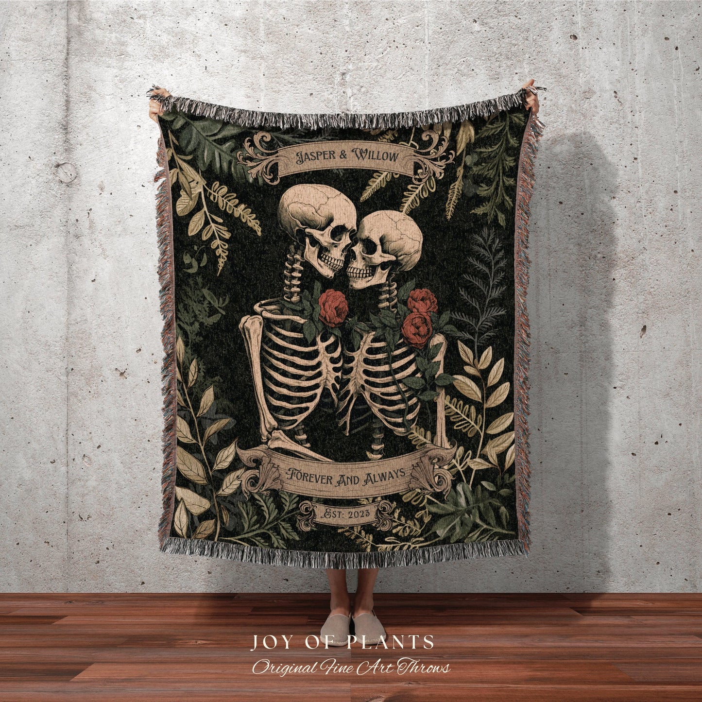 Skeleton Lovers Personalized Blanket | Gothic Wedding Custom Blanket Woven Tapestry Spooky Wedding Personalized Anniversary Gift for Goths |