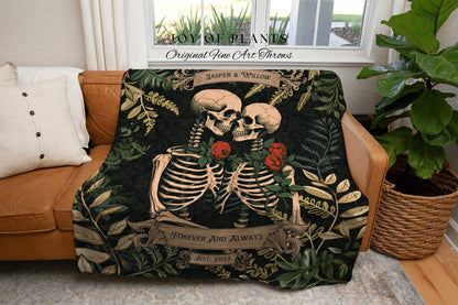 Skeleton Lovers Personalized Blanket | Gothic Wedding Custom Blanket Woven Tapestry Spooky Wedding Personalized Anniversary Gift for Goths |