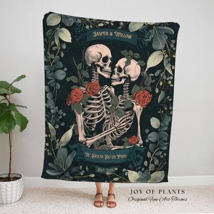 Skeleton Lovers Botanical Blanket | Gothic Wedding Custom Blanket Woven Tapestry Spooky Wedding Personalized Anniversary Gift for Goths |