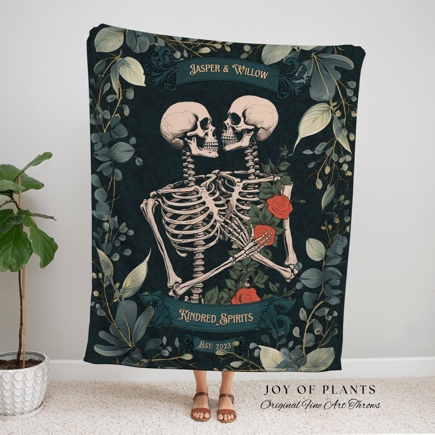 Goth Couple Gift Custom Blanket | Gothic Wedding Custom Blanket Woven Tapestry Skeleton Couple Gift Personalized Anniversary Gift for Goths