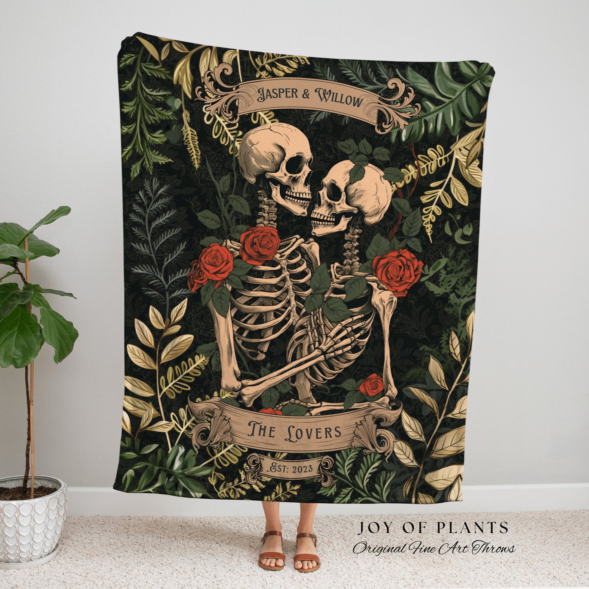 Vintage Botanical Skeleton Blanket | Wedding Anniversary Blanket Woven Tapestry Skeleton Couple Gift Personalized Anniversary Gift for Goths