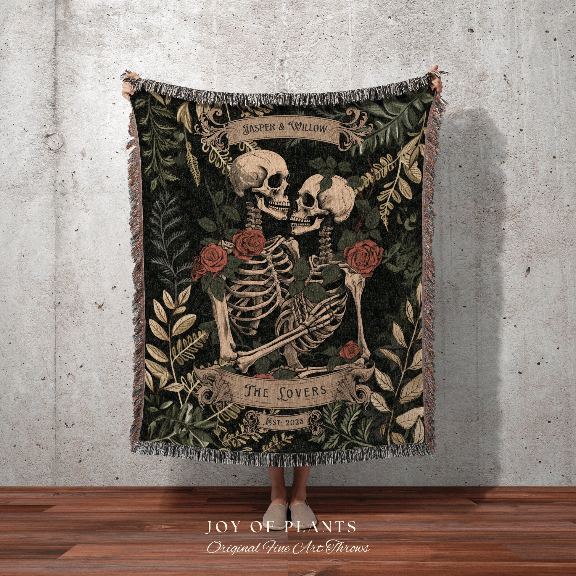 Vintage Botanical Skeleton Blanket | Wedding Anniversary Blanket Woven Tapestry Skeleton Couple Gift Personalized Anniversary Gift for Goths