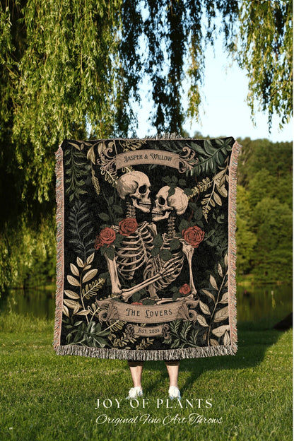 Vintage Botanical Skeleton Blanket | Wedding Anniversary Blanket Woven Tapestry Skeleton Couple Gift Personalized Anniversary Gift for Goths