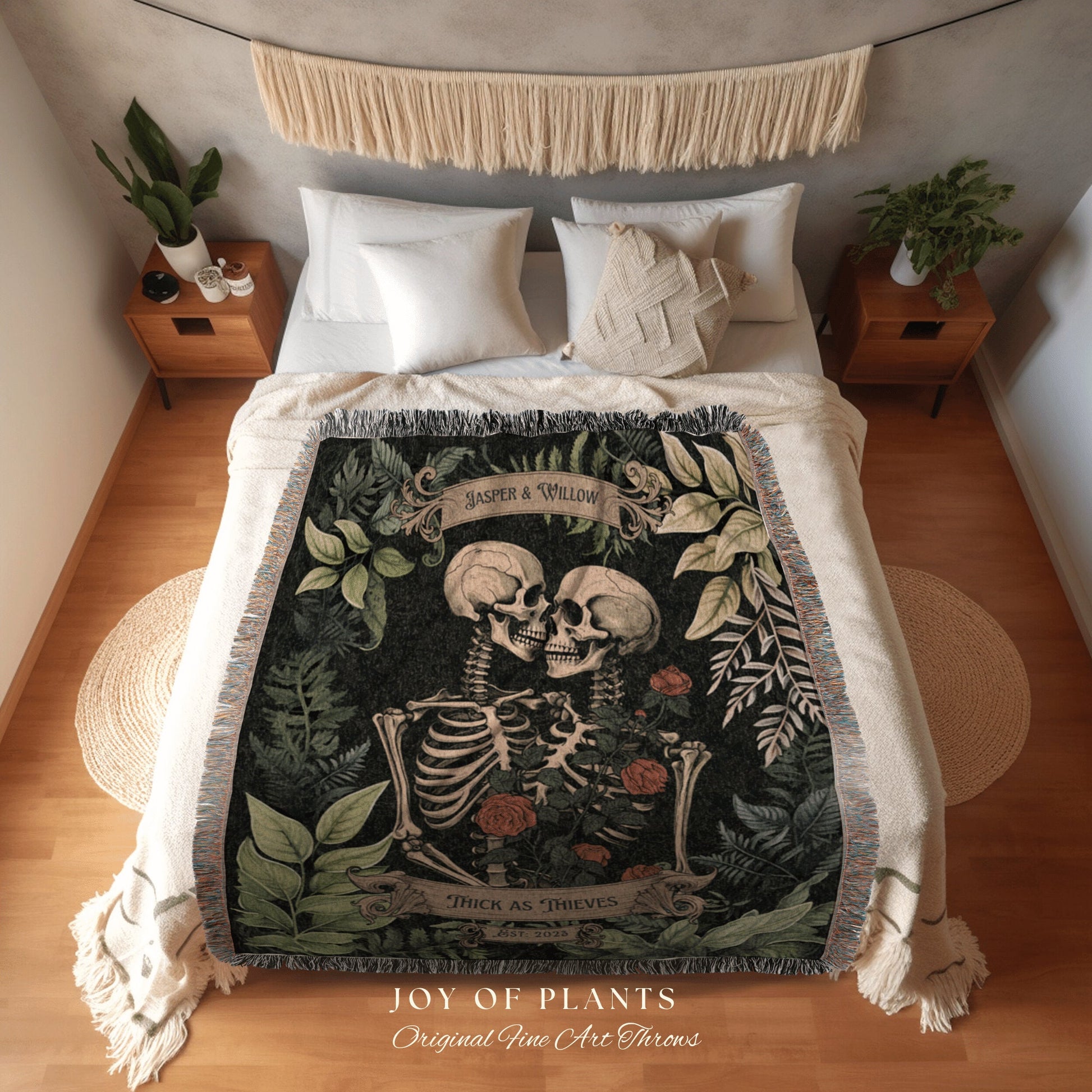 Botanical Skeleton Blanket Woven | Gothic Wedding Custom Blanket Woven Tapestry Cottagecore Wedding Personalized Anniversary Gift For Goths