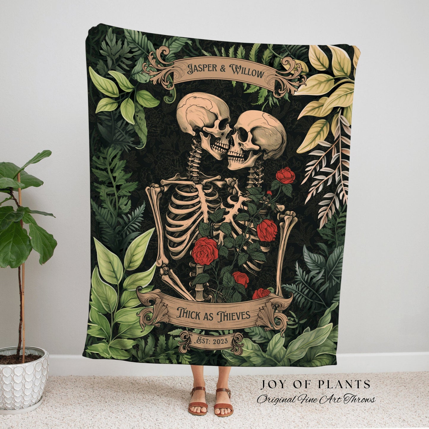 Botanical Skeleton Blanket Woven | Gothic Wedding Custom Blanket Woven Tapestry Cottagecore Wedding Personalized Anniversary Gift For Goths