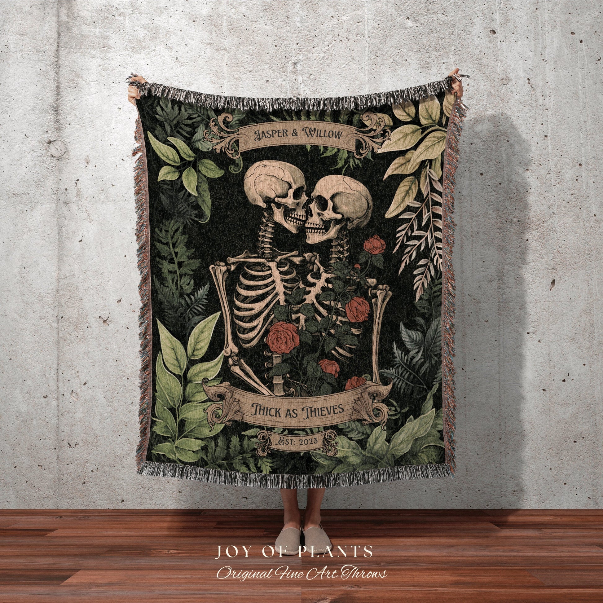 Botanical Skeleton Blanket Woven | Gothic Wedding Custom Blanket Woven Tapestry Cottagecore Wedding Personalized Anniversary Gift For Goths