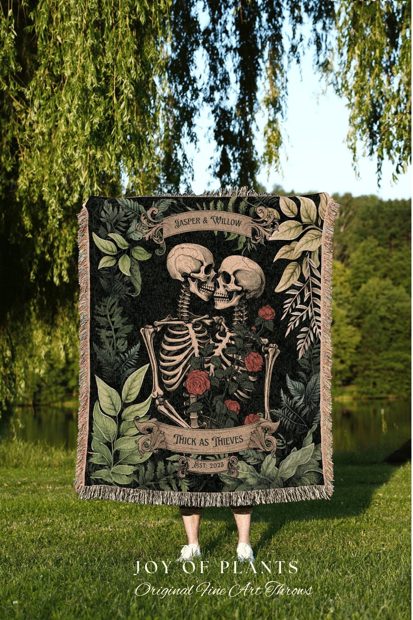 Botanical Skeleton Blanket Woven | Gothic Wedding Custom Blanket Woven Tapestry Cottagecore Wedding Personalized Anniversary Gift For Goths