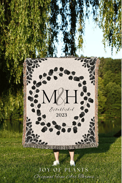 Cotton Anniversary Gift for Wife Personalized Woven Throw Blanket Second Anniversary Gift for Couples Initials Established Date Custom Throw