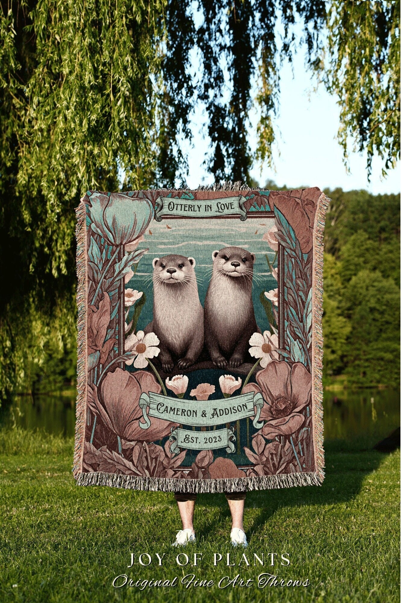 Otter Lovers Custom Throw Blanket Crushed Velvet Personalized Anniversary Gift Custom Name Tapestry Otter Couple Blanket Cottagecore Wedding