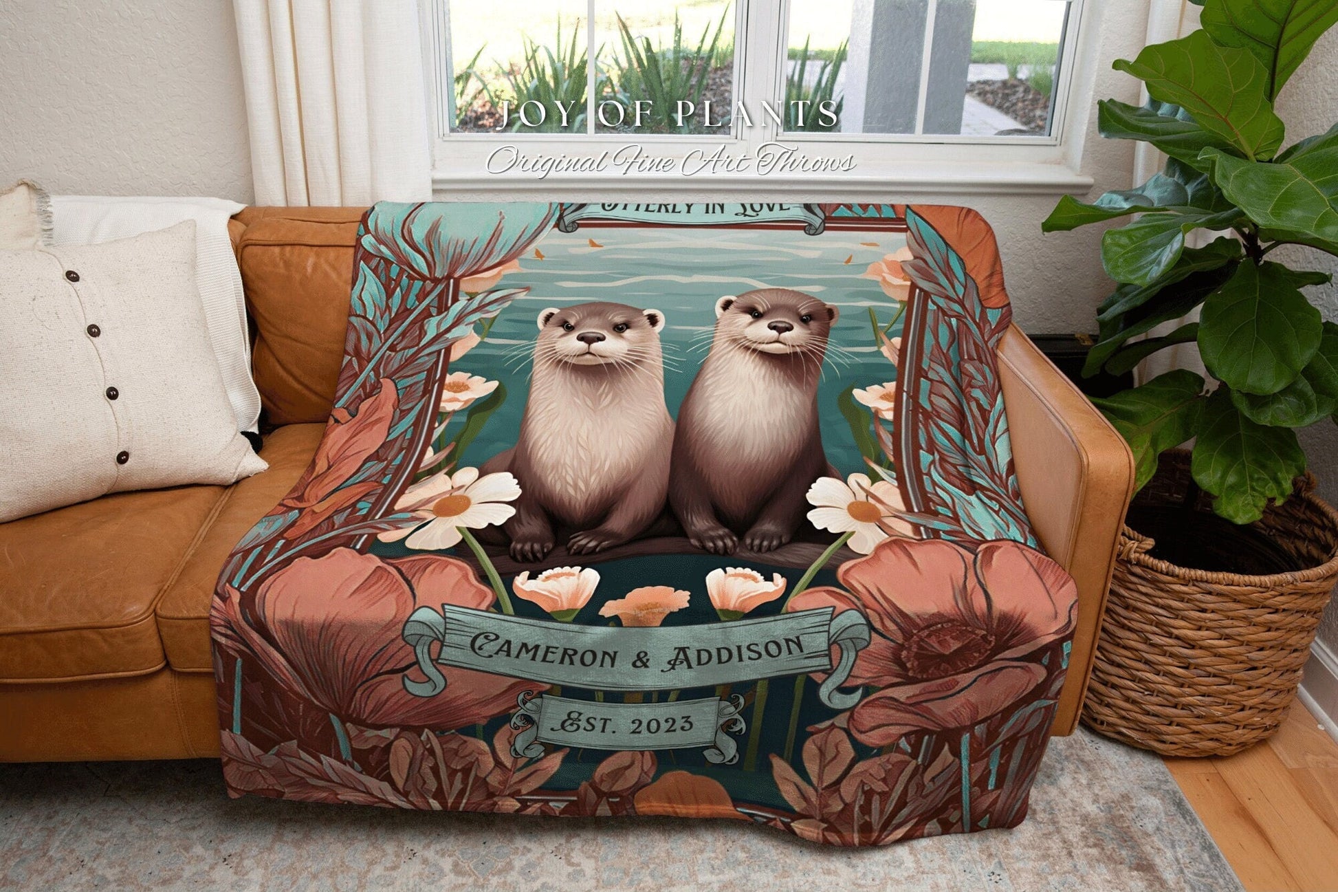 Otter Lovers Custom Throw Blanket Crushed Velvet Personalized Anniversary Gift Custom Name Tapestry Otter Couple Blanket Cottagecore Wedding