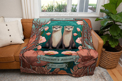 Custom Otter Lover Couple Blanket Woven Personalized Anniversary Gift Custom Name Tapestry Otter Blanket Cottagecore Wedding Gift For Couple