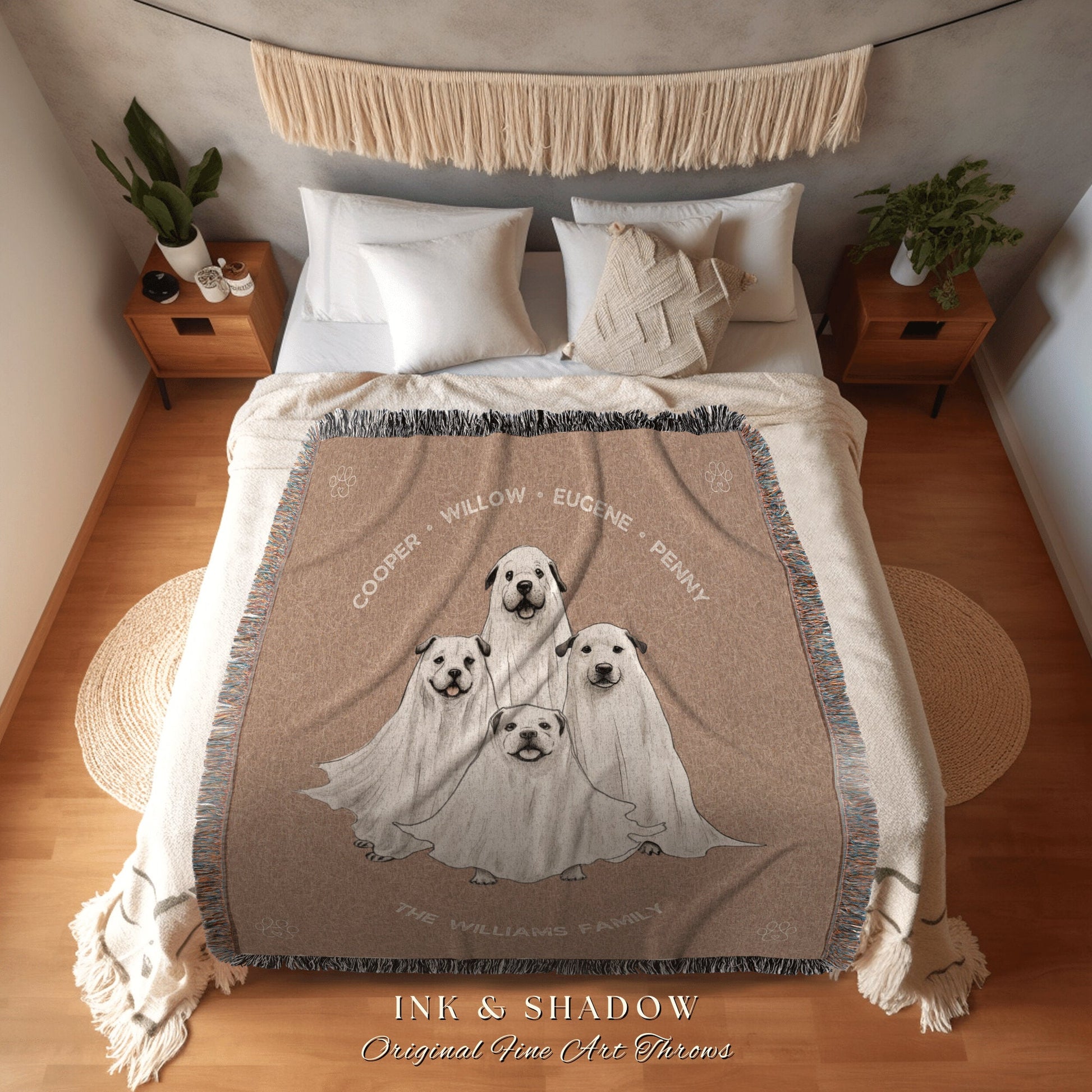 Personalized Pet Blanket Dog Mom Custom Woven Throw Blanket Vintage Ghost Dog Art Tapestry Pet Memorial Blanket Keepsake Dog Lovers Gifts