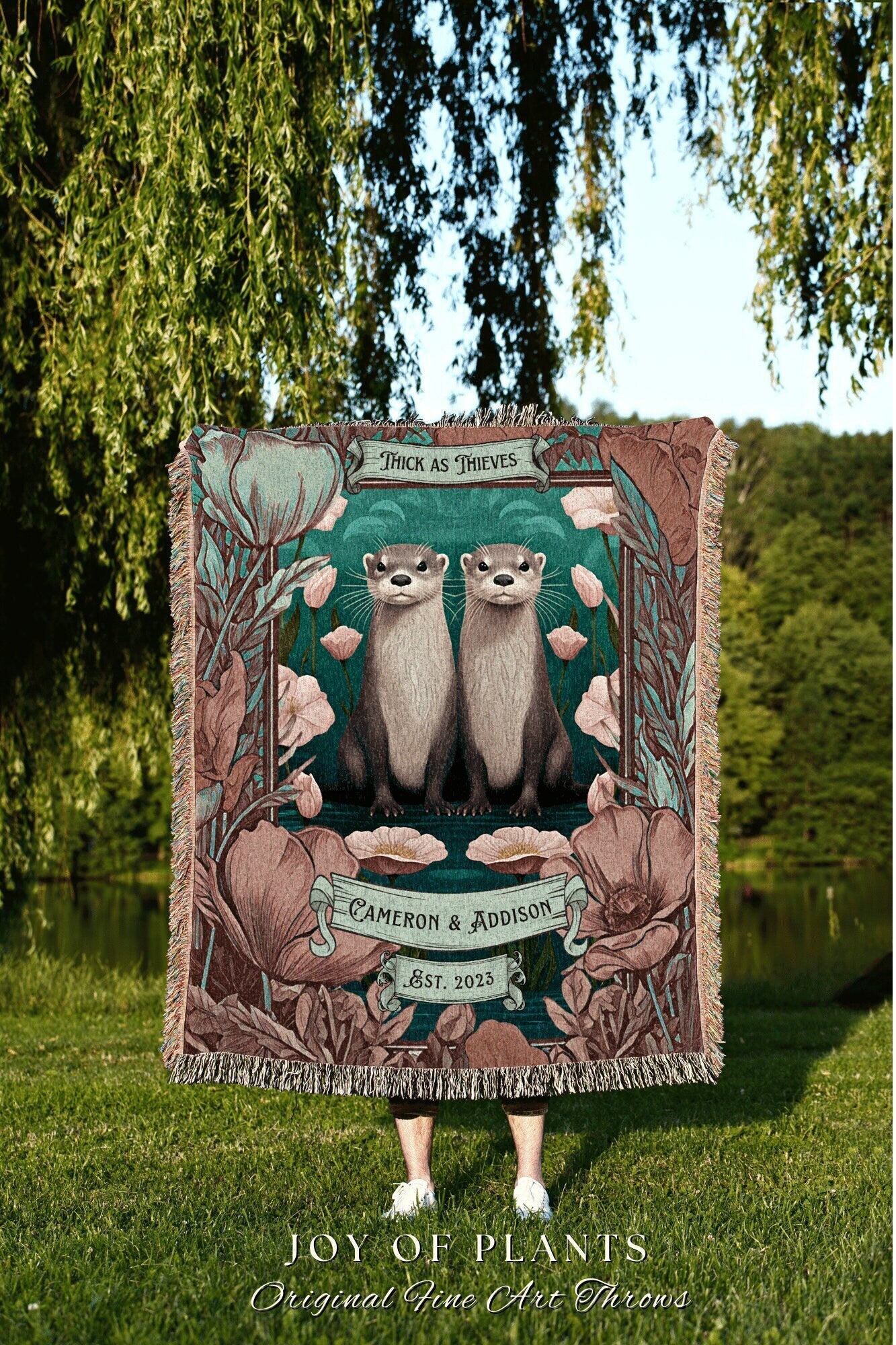 Custom Otter Lover Couple Blanket Woven Personalized Anniversary Gift Custom Name Tapestry Otter Blanket Cottagecore Wedding Gift For Couple