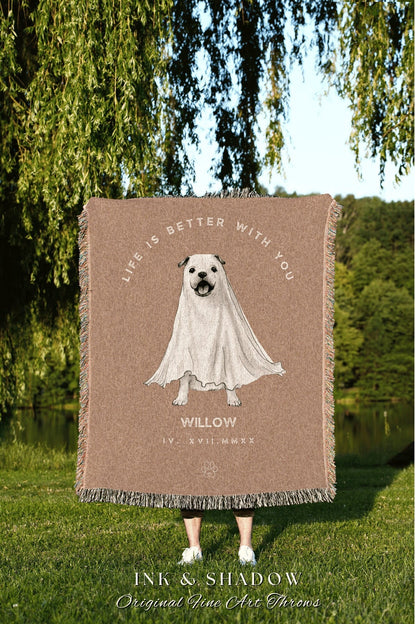 Personalized Pet Blanket Dog Mom Custom Woven Throw Blanket Vintage Ghost Dog Art Tapestry Pet Memorial Blanket Keepsake Dog Lovers Gifts