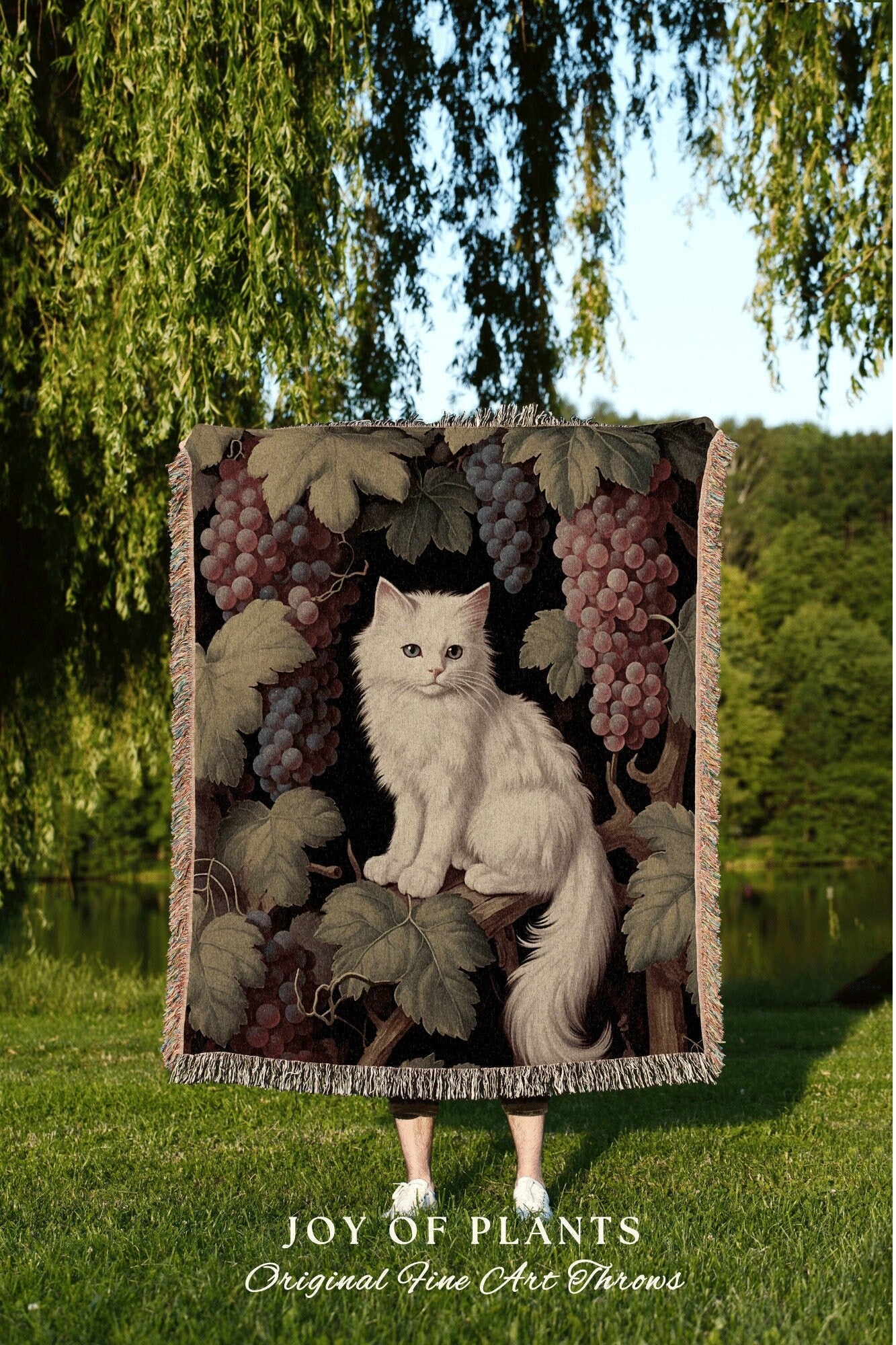 Botanical Cat Blanket Woven | Woven Fringe Blanket Cat lover Gift Funny Tapestry William Morris Tapestry Morris Decor Nature Blanket Vintage