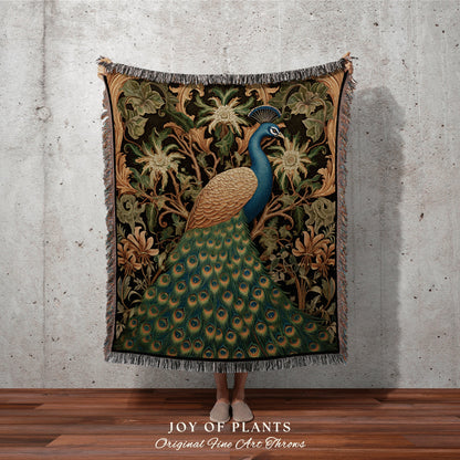 Peacock Throw Blanket Vintage | William Morris inspired Nature Blanket Vintage Woodland Cottagecore Decor Woven Blanket Peacock Decor Gifts