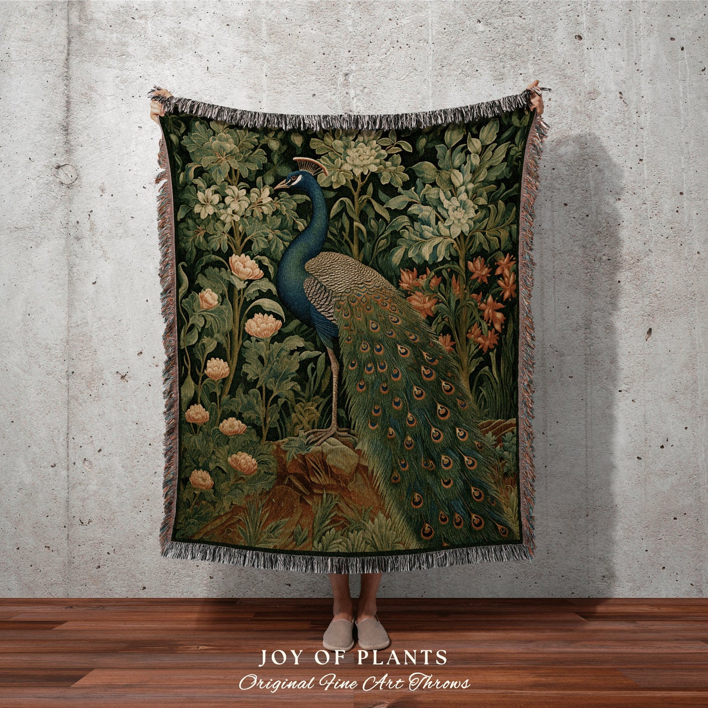 Jungle Aesthetic Peacock Throw | William Morris inspired Throw Blanket Vintage Cottagecore Woodland Goth Decor Woven Throw Peacock Tapestry