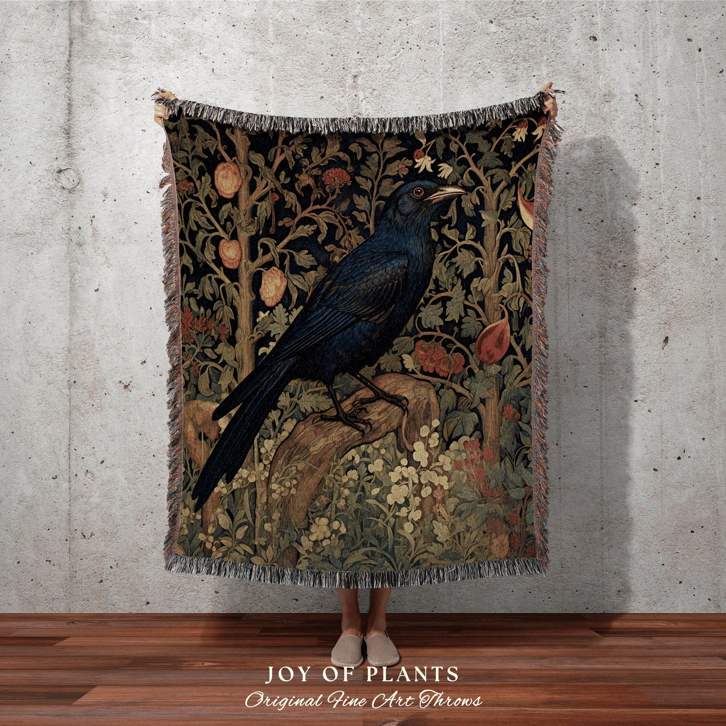 Whimsigoth Crow Blanket Woven | Crow Art Blanket Woven Wall Hanging Woodland Aesthetic Gothic Decor Crow Blanket William Morris Inspired Art