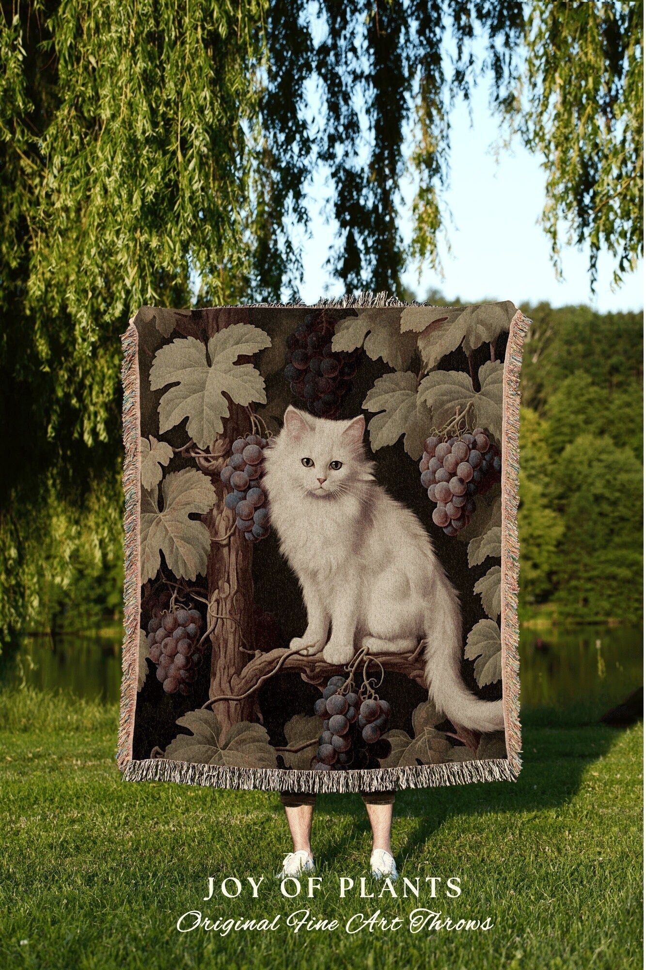 White Cat Blanket Vintage | Woven Fringe Blanket Cat lover Gift Funny Tapestry William Morris Tapestry Morris Decor Cat Blanket Cute Kitten