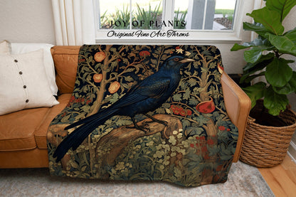 Whimsigoth Crow Blanket Woven | Crow Art Blanket Woven Wall Hanging Woodland Aesthetic Gothic Decor Crow Blanket William Morris Inspired Art