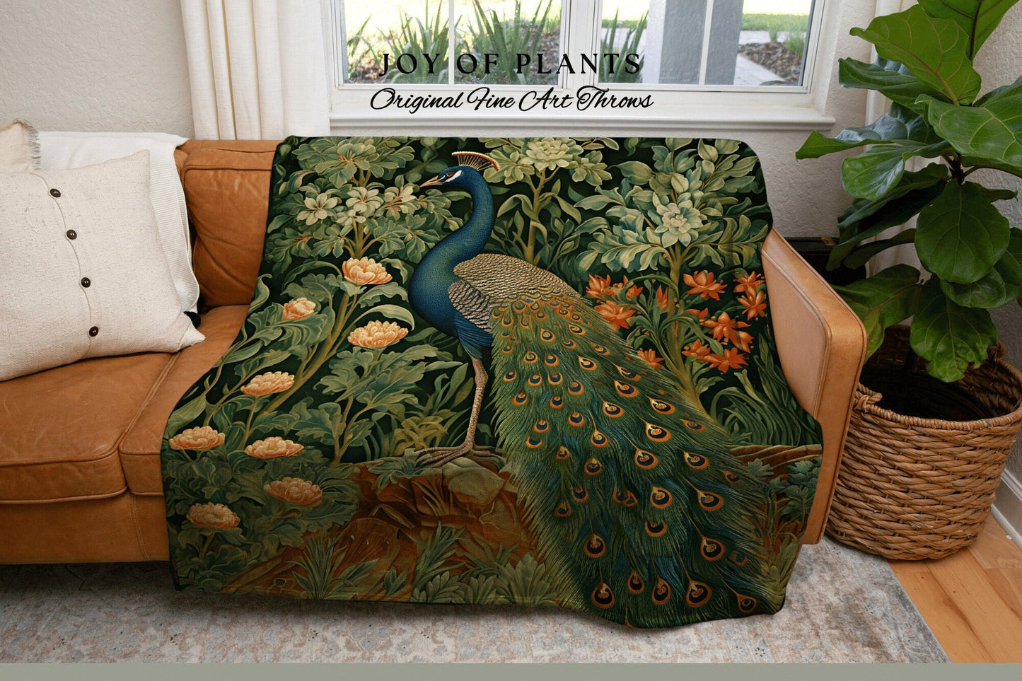 Jungle Aesthetic Peacock Throw | William Morris inspired Throw Blanket Vintage Cottagecore Woodland Goth Decor Woven Throw Peacock Tapestry