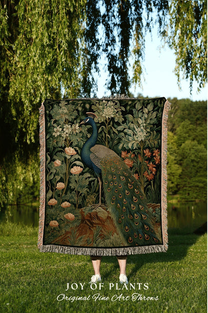 Jungle Aesthetic Peacock Throw | William Morris inspired Throw Blanket Vintage Cottagecore Woodland Goth Decor Woven Throw Peacock Tapestry