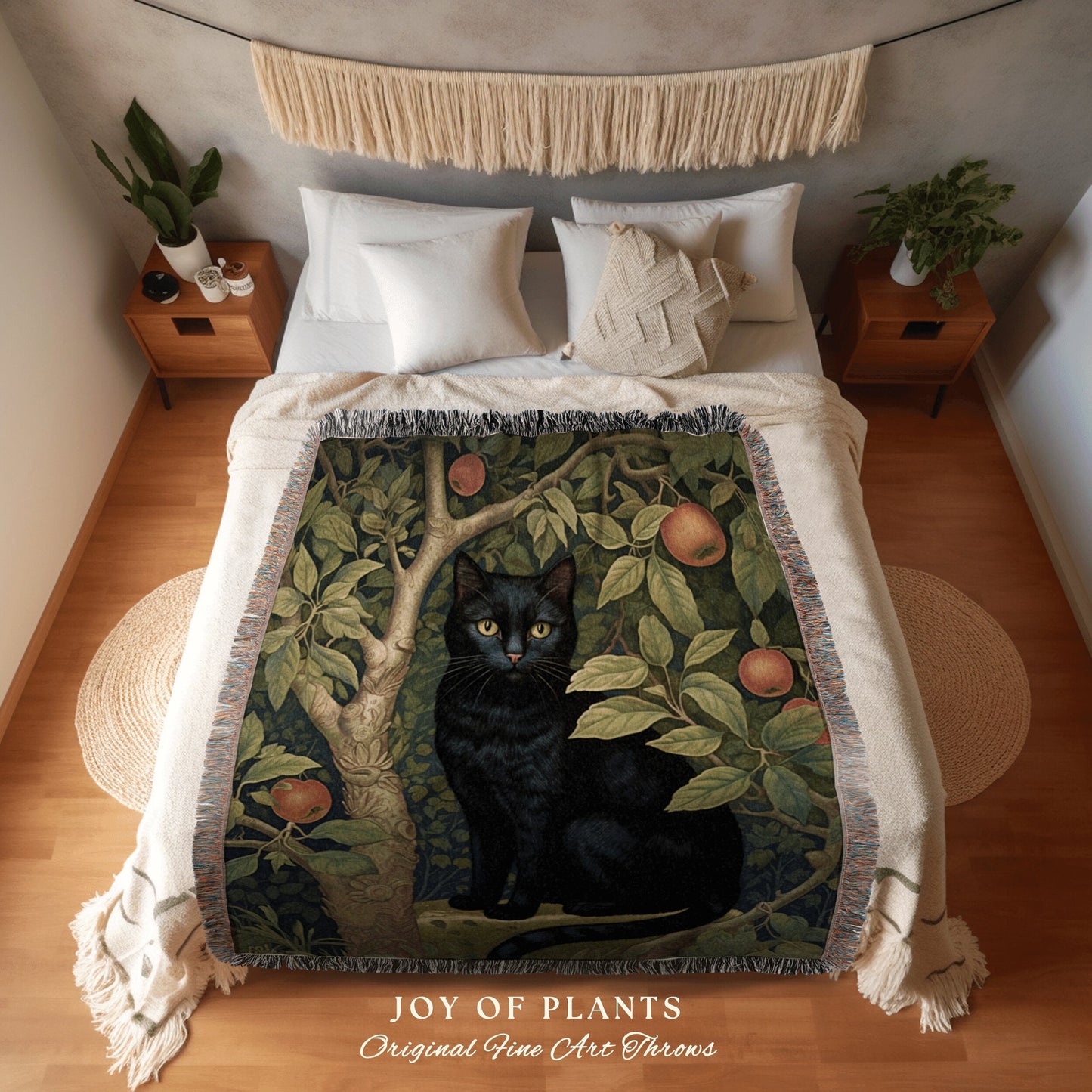 Botanical Black Cat Blanket | Woven Fringe Blanket Cat lover Gift Vintage Tapestry William Morris Throw Morris Decor Black Cat Blanket Cute