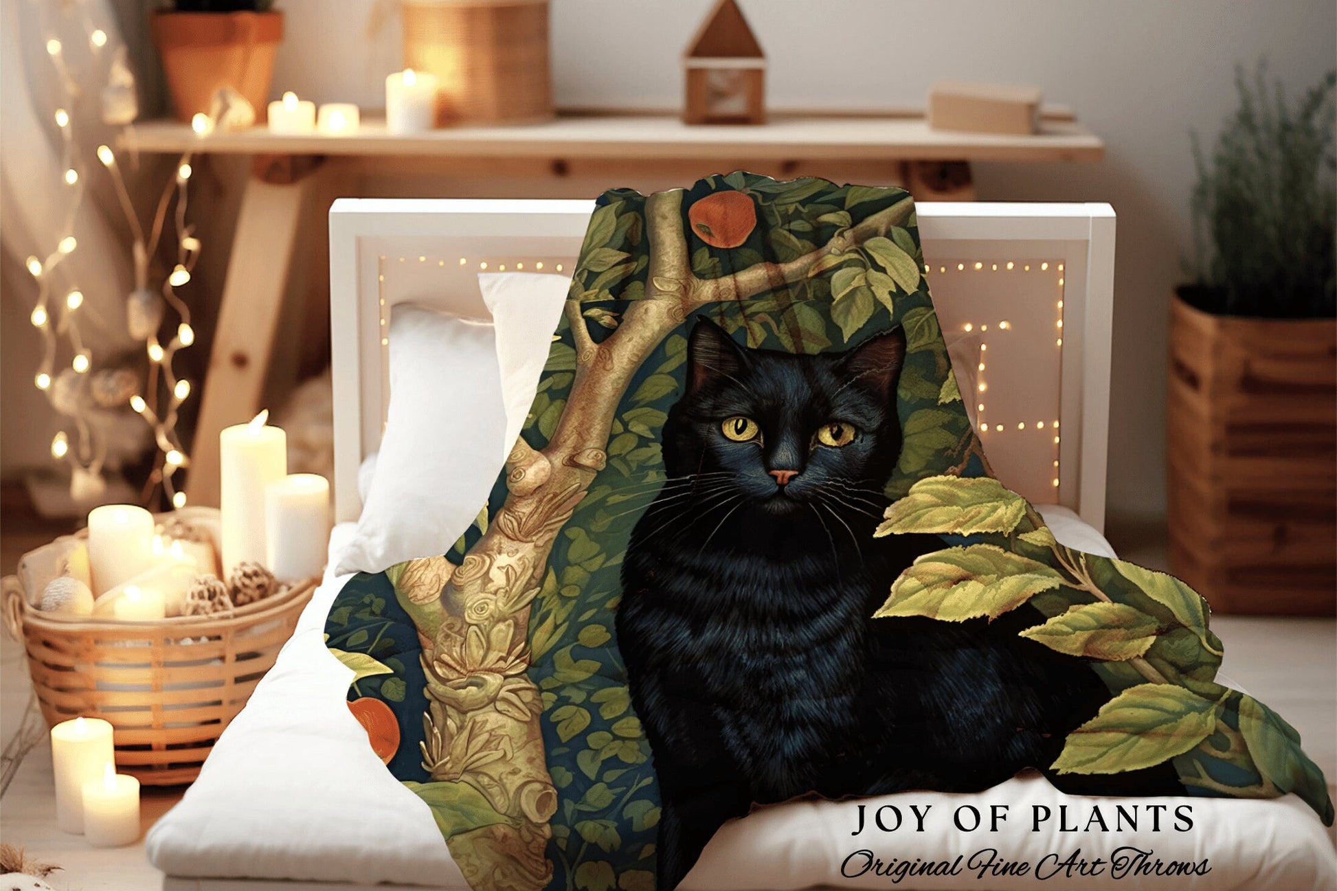 Botanical Black Cat Blanket | Woven Fringe Blanket Cat lover Gift Vintage Tapestry William Morris Throw Morris Decor Black Cat Blanket Cute