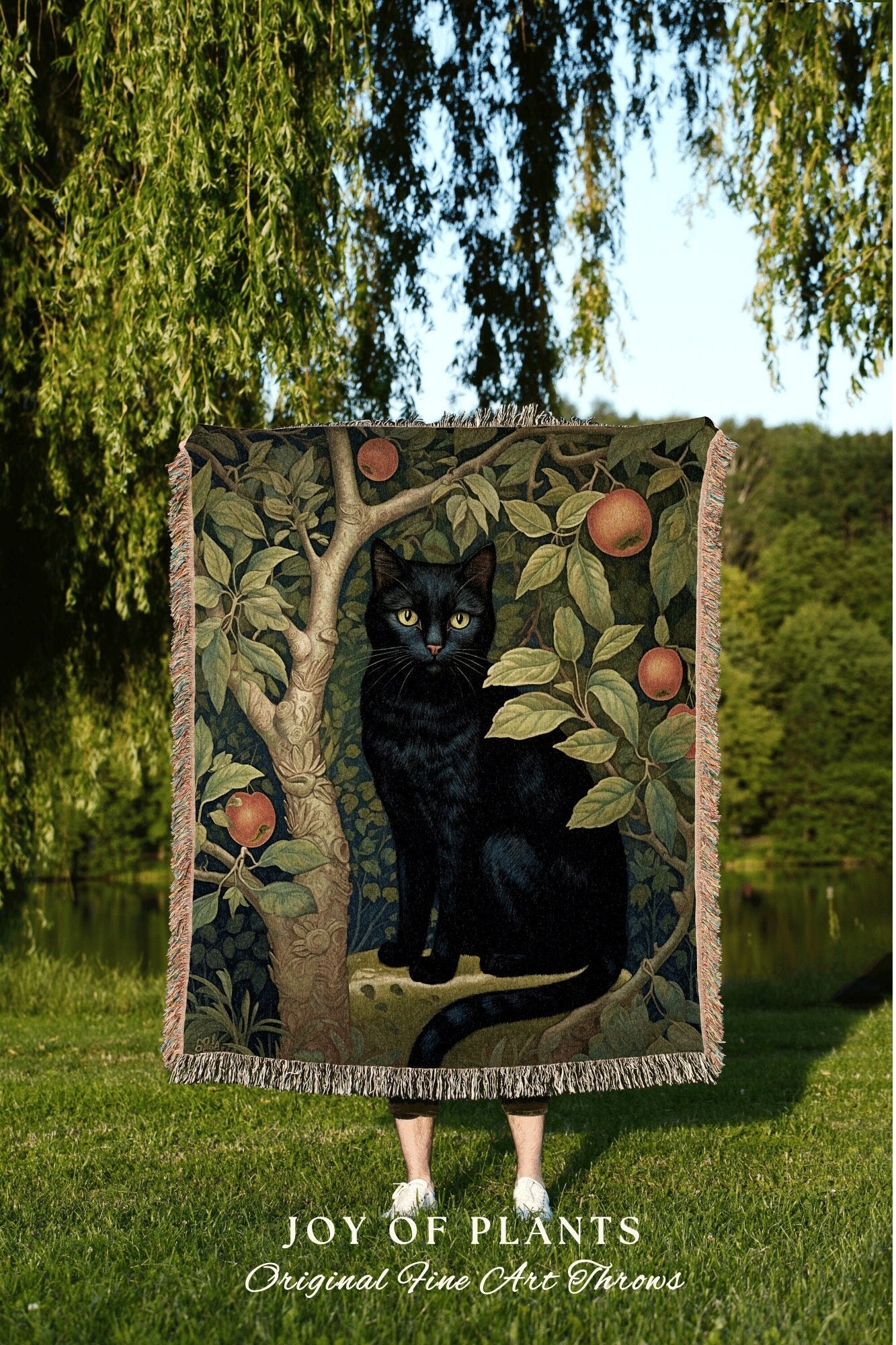 Botanical Black Cat Blanket | Woven Fringe Blanket Cat lover Gift Vintage Tapestry William Morris Throw Morris Decor Black Cat Blanket Cute