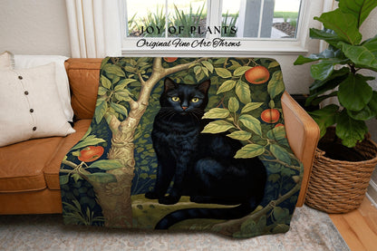 Botanical Black Cat Blanket | Woven Fringe Blanket Cat lover Gift Vintage Tapestry William Morris Throw Morris Decor Black Cat Blanket Cute