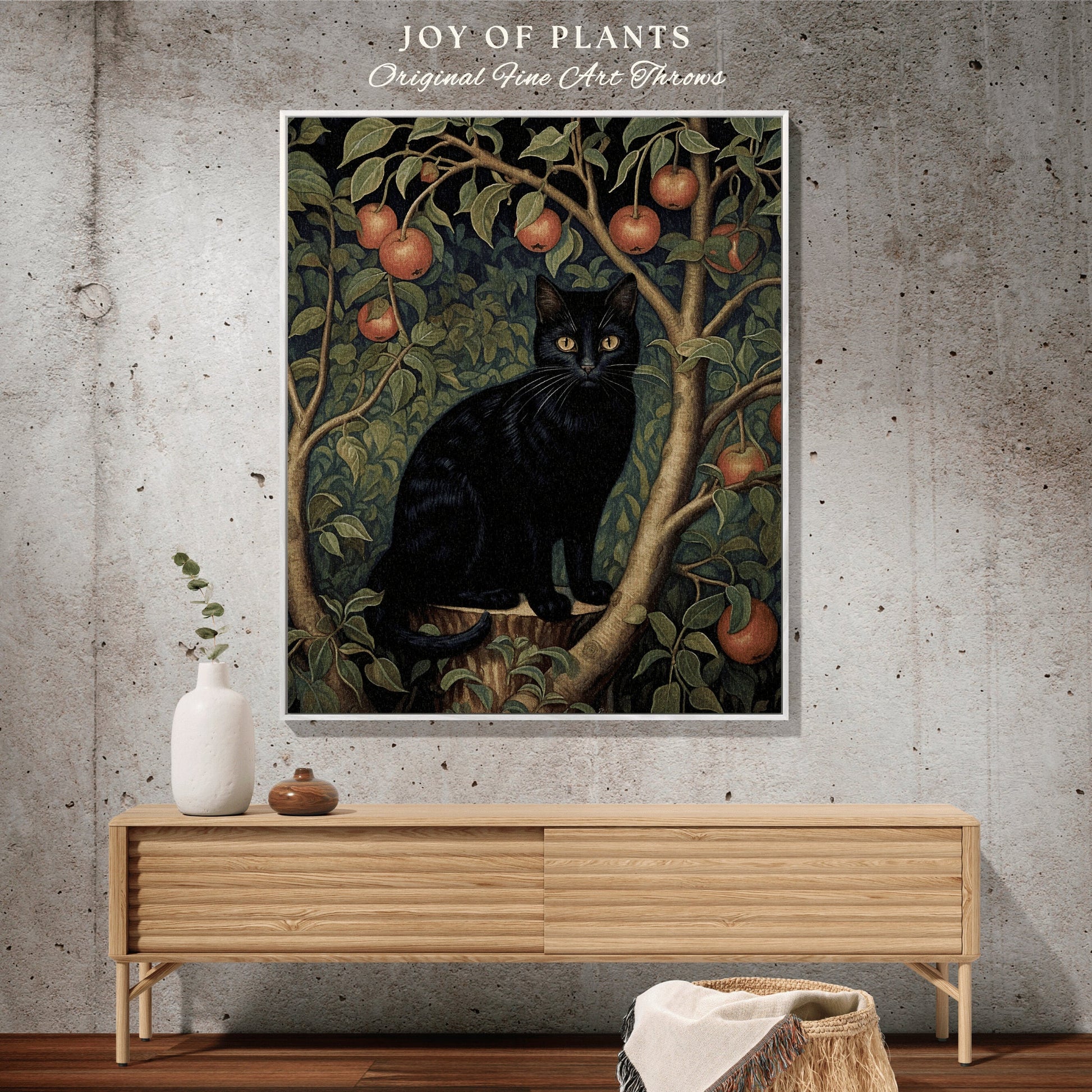 Black Cat Blanket Vintage Throw | Woven Fringe Blanket Cat lover Gift Whimsigoth Tapestry William Morris Throw Morris Decor Black Cat Art |