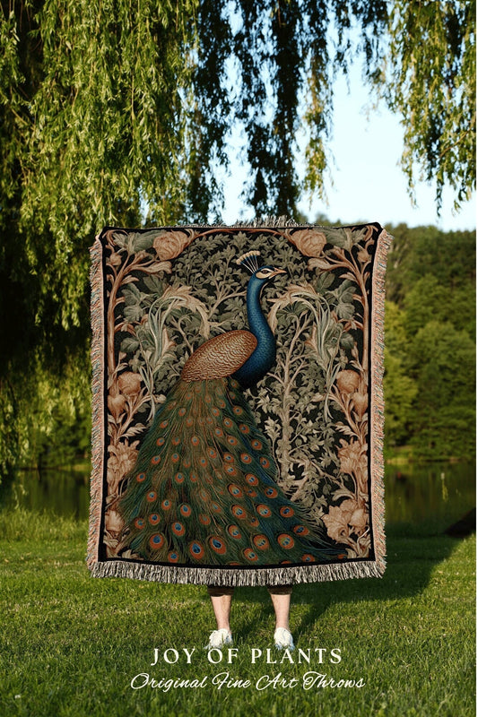 Woven Peacock Throw Blanket | William Morris inspired Throw Blanket Vintage Cottagecore Woodland Gothic Decor Woven Throw Peacock Tapestry |