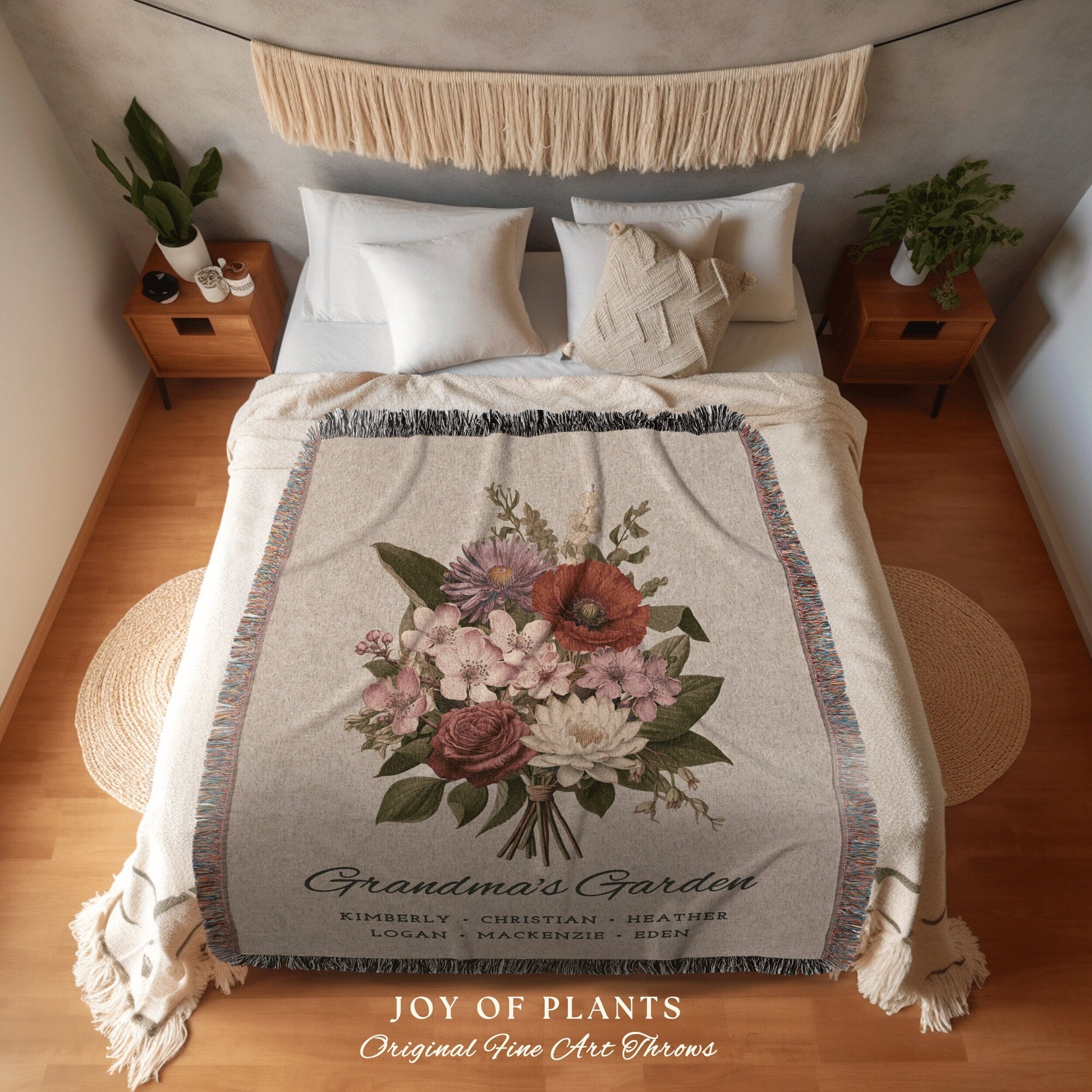 Birth Flower Bouquet Blanket | Personalized Family Names Gift Mimi's Garden Birth Month Flower Custom Grandma's Garden Bouquet Blanket Woven