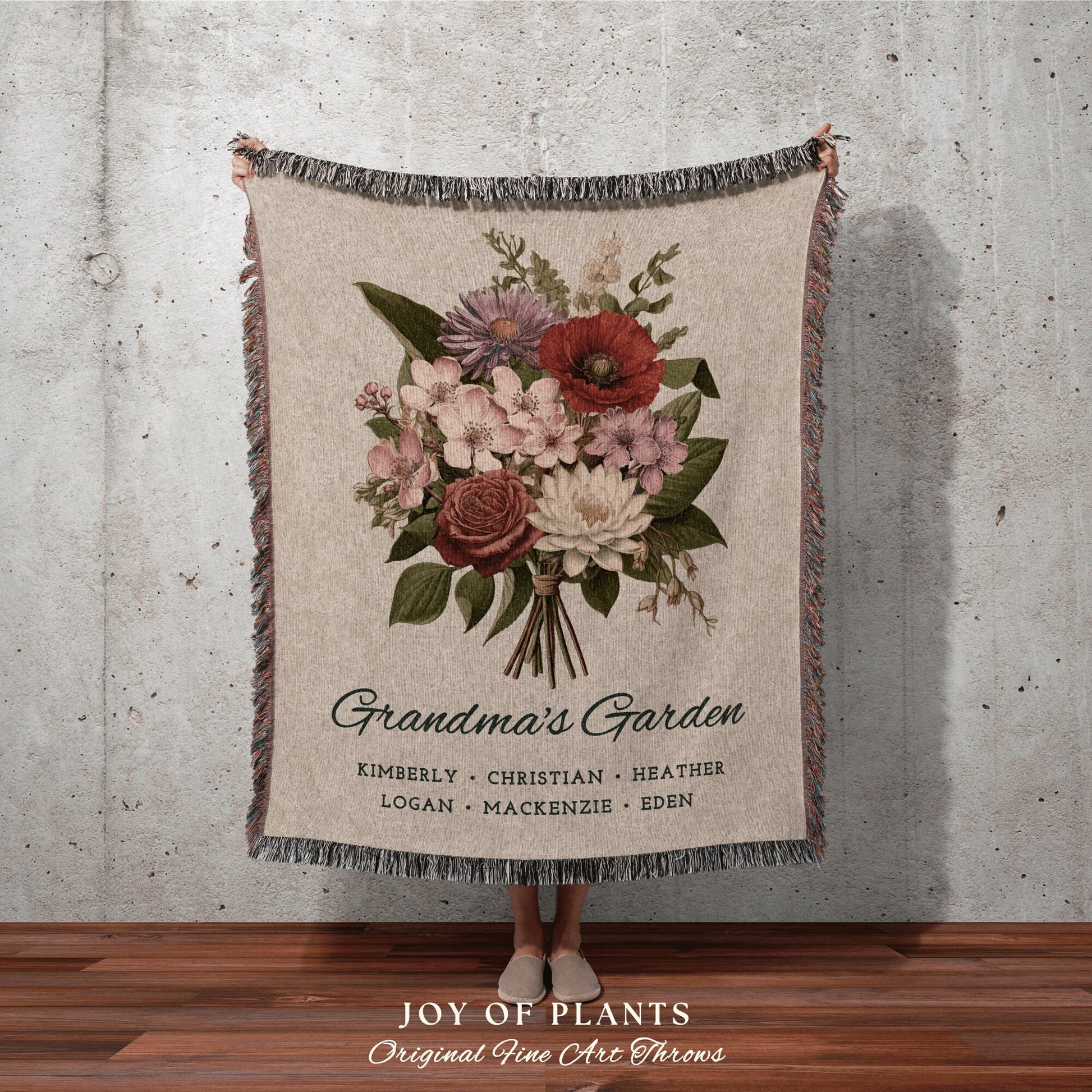 Birth Flower Bouquet Blanket | Personalized Family Names Gift Mimi's Garden Birth Month Flower Custom Grandma's Garden Bouquet Blanket Woven