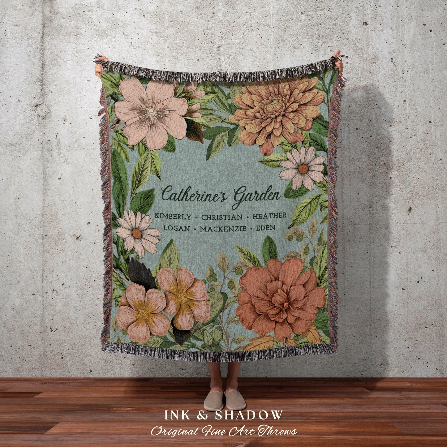 Combined Family Birth Flower Blanket | Gift from Grandkids Custom Family Name Blanket Personalized Birth Month Flower Woven Throw Blanket |