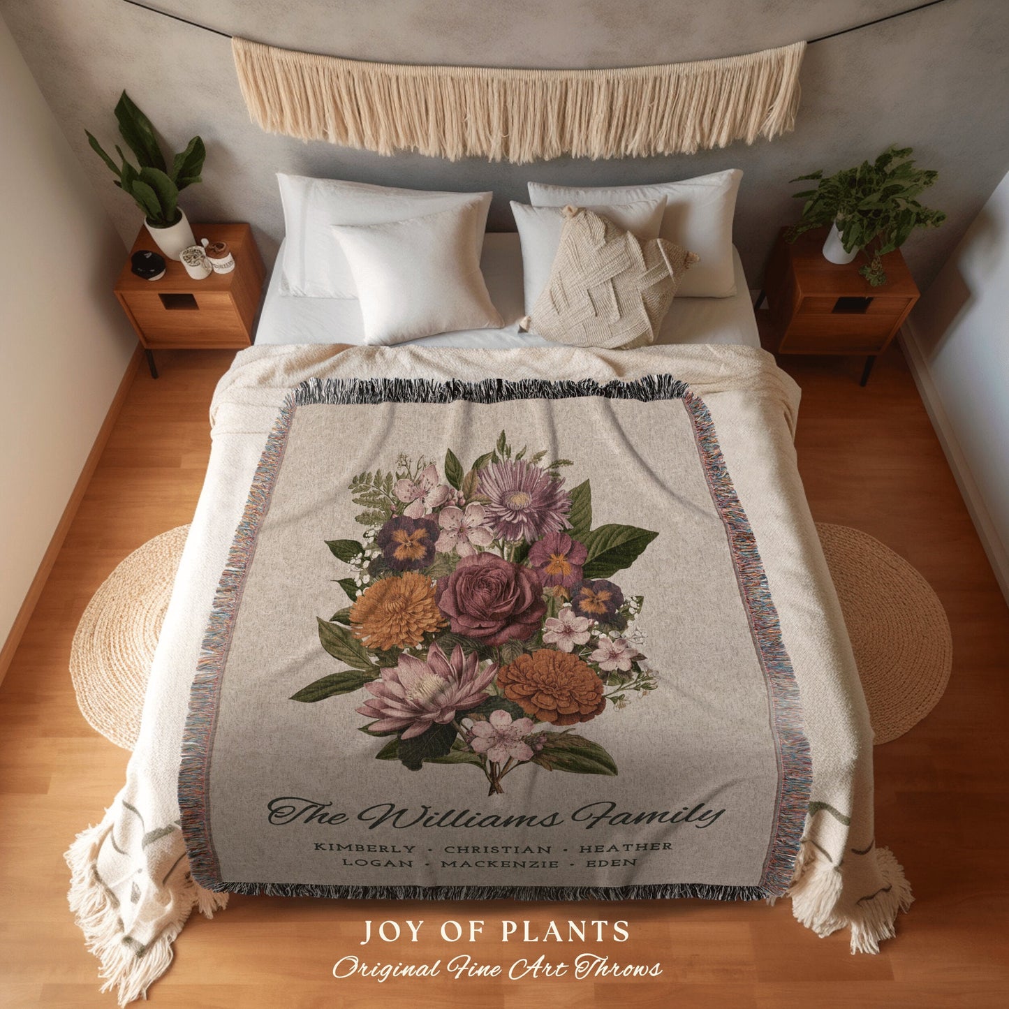 Custom Birth Flower Family Bouquet Personalized Blanket Gift for Mom Grandma Garden Floral Family Portrait Vintage Birth Month Art Tapestry