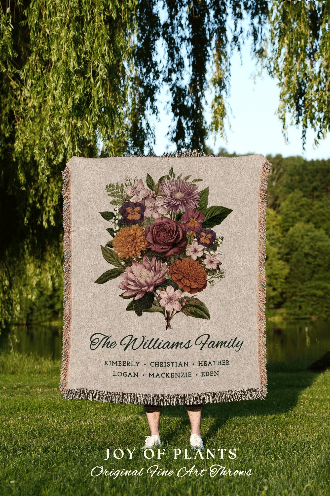 Custom Birth Flower Family Bouquet Personalized Blanket Gift for Mom Grandma Garden Floral Family Portrait Vintage Birth Month Art Tapestry