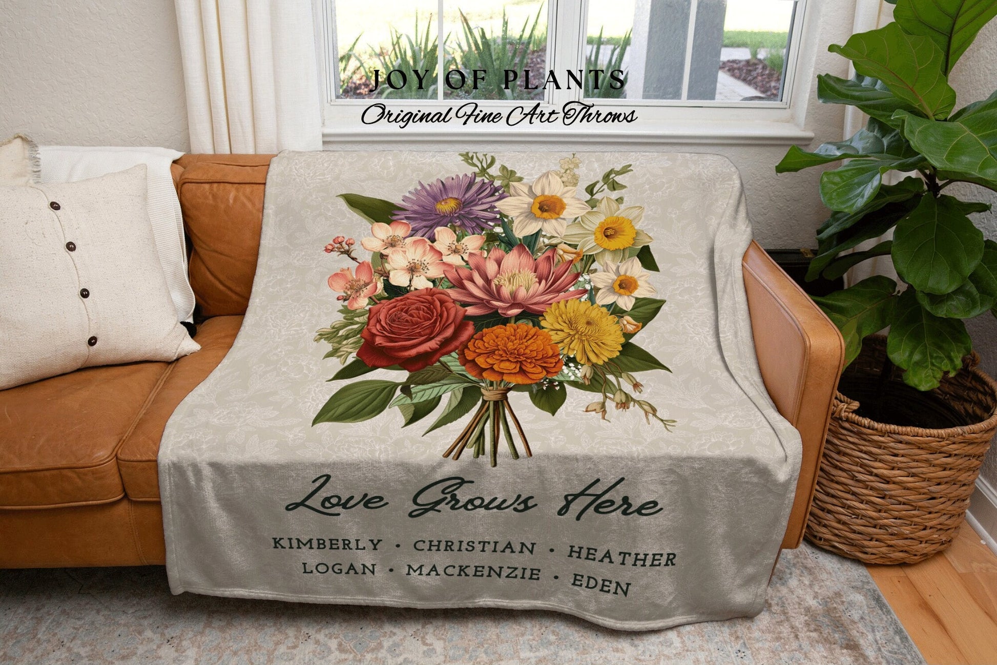 Custom Family Birth Month Flower Bouquet Woven Throw Blanket | Birth Month Flower Custom Woven Blanket | Personalized Birth Flower Blanket |