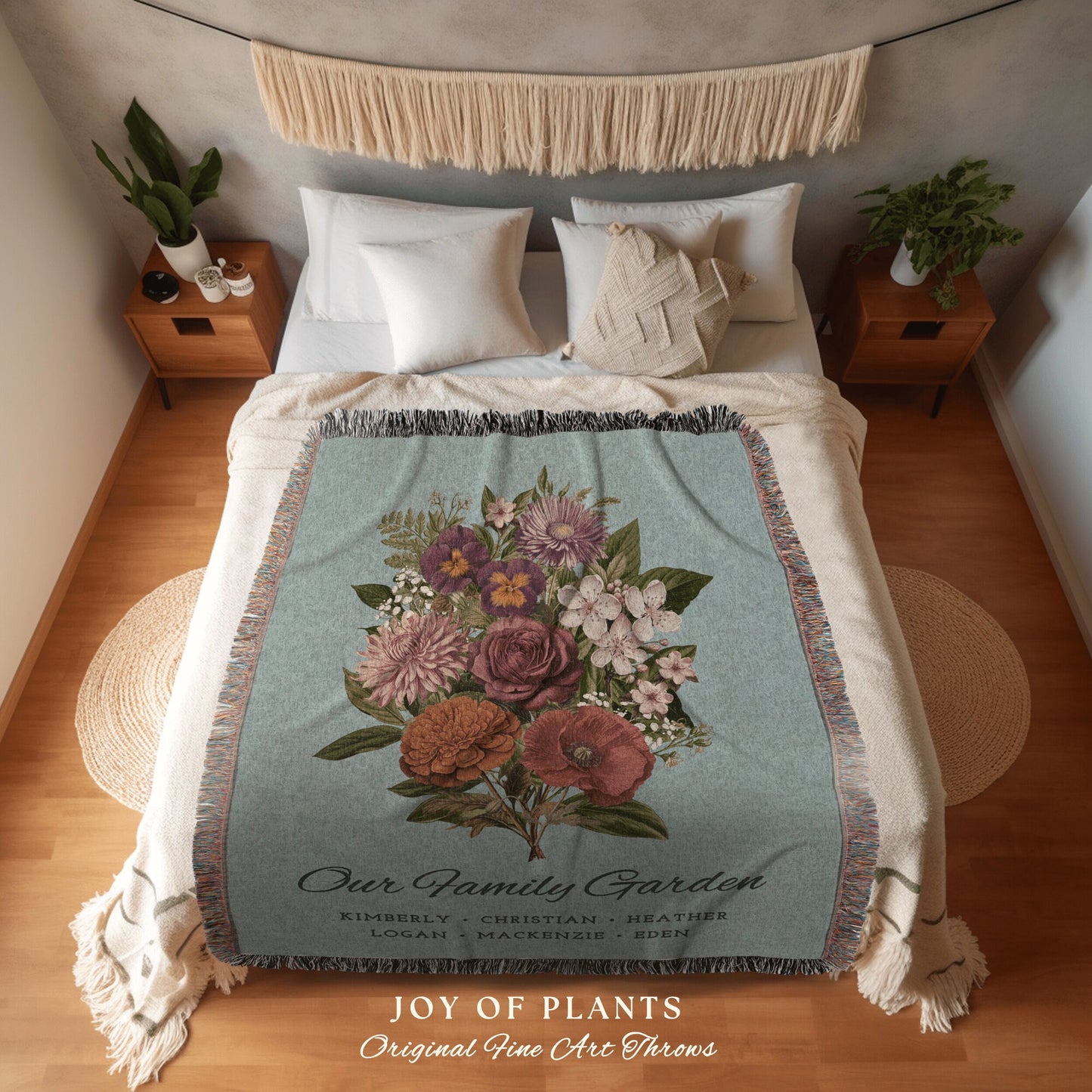 Nana's Garden Birth Flower Bouquet Gift for Grandparents Custom Family Name Blanket Personalized Grandmas Garden Floral Woven Throw Blanket