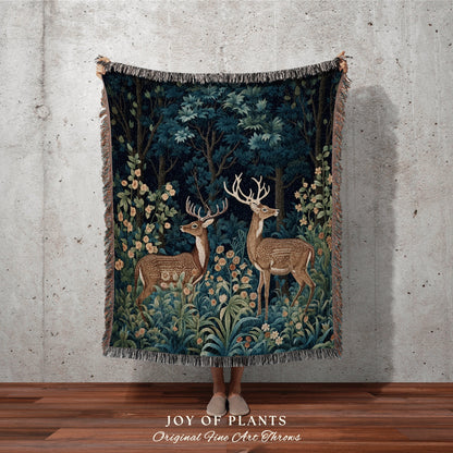 Fairycore Woven Throw Blanket | William Morris inspired Throw Blanket Vintage Cottagecore Woodland Aesthetic Decor Woven Throw Deer Tapestry