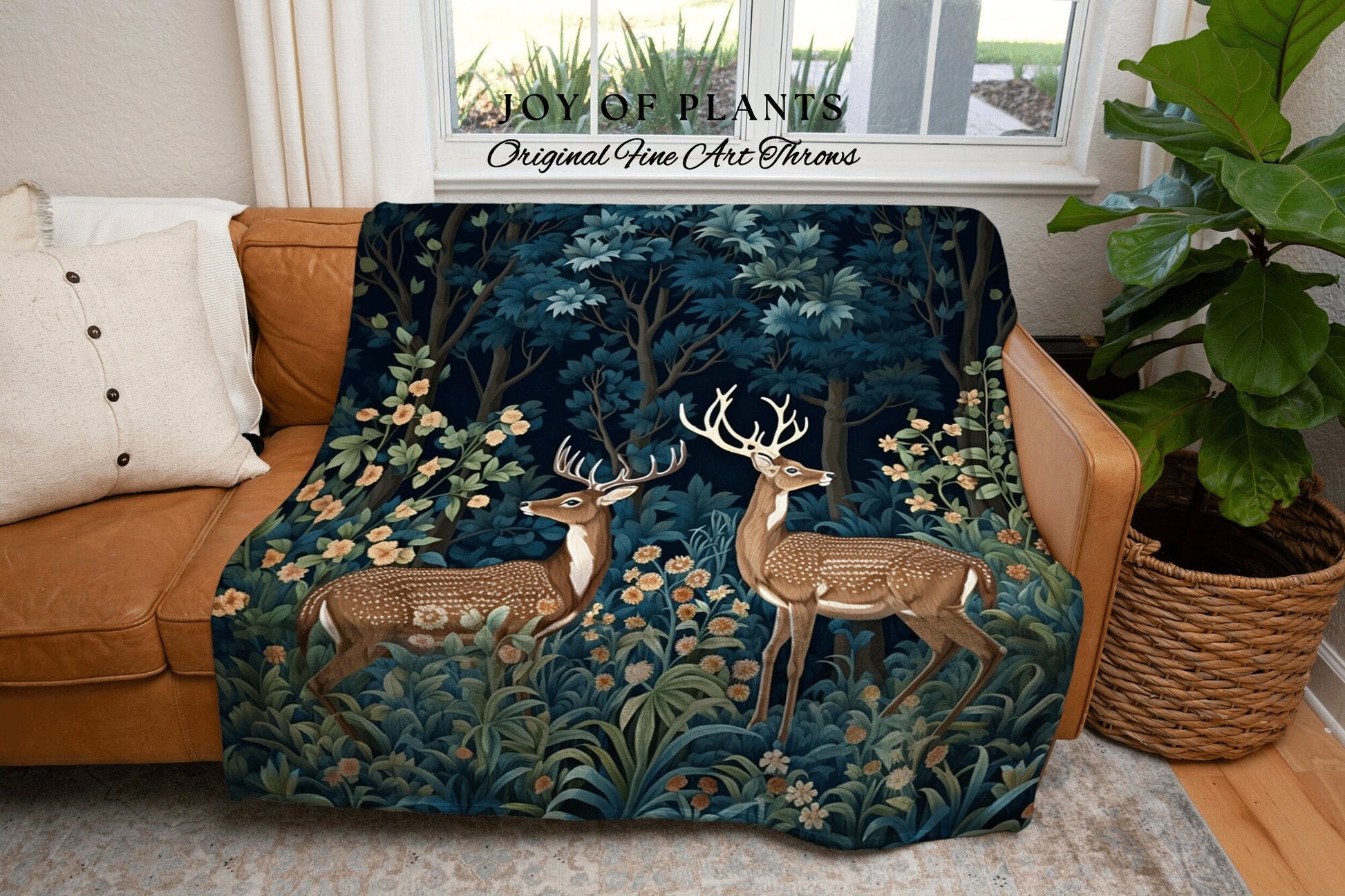 Fairycore Woven Throw Blanket | William Morris inspired Throw Blanket Vintage Cottagecore Woodland Aesthetic Decor Woven Throw Deer Tapestry