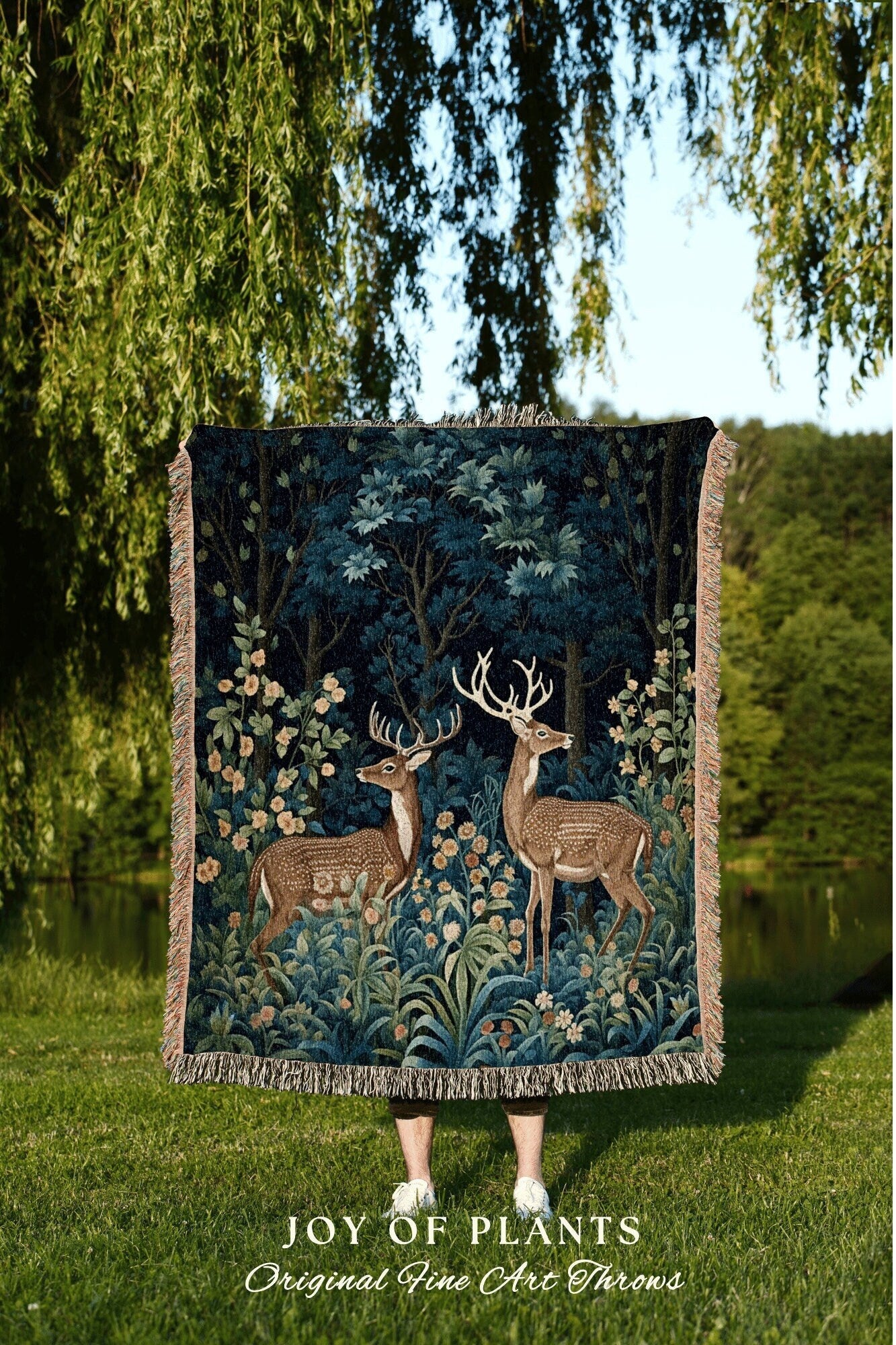 Fairycore Woven Throw Blanket | William Morris inspired Throw Blanket Vintage Cottagecore Woodland Aesthetic Decor Woven Throw Deer Tapestry