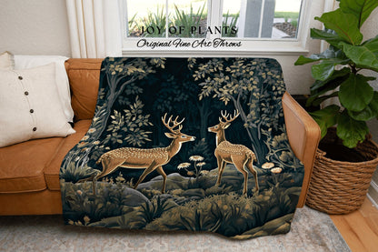 Forestcore Decorative Throw | William Morris inspired Throw Blanket Vintage Cottagecore Woodland Aesthetic Decor Woven Throw Deer Tapestry |