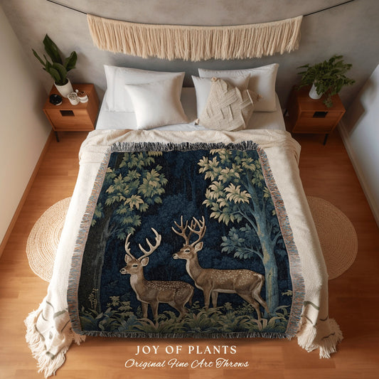 Deer Blanket Cottagecore Throw | William Morris inspired Throw Blanket Vintage Forestcore Woodland Aesthetic Decor Woven Throw Deer Tapestry